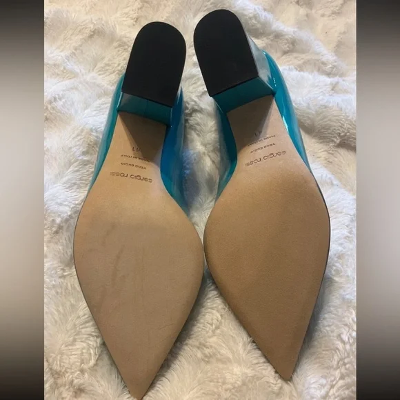 Sergio Rossi Chunky Block Heel Turquoise Patent Leather Pointed Toe Pumps 10 NEW - Picture 4 of 9